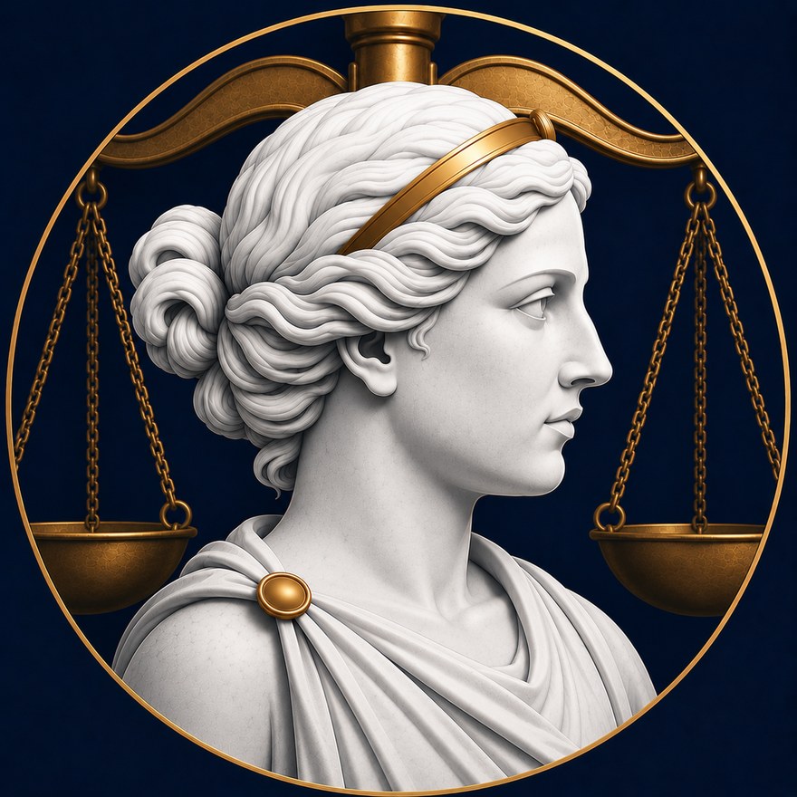A marble bust of Justice in profile, framed by a golden ring and the two pans of a balance scale